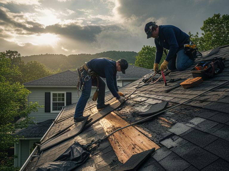 Roof repair crew securing shingles after a storm on a Charleston residential property