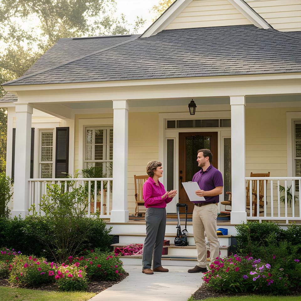 Homeowner speaking with a roofing estimator on the front steps of a finished Charleston home