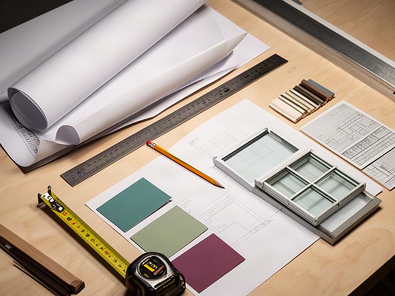Architectural roof plan and window measurements arranged on a contractor workbench