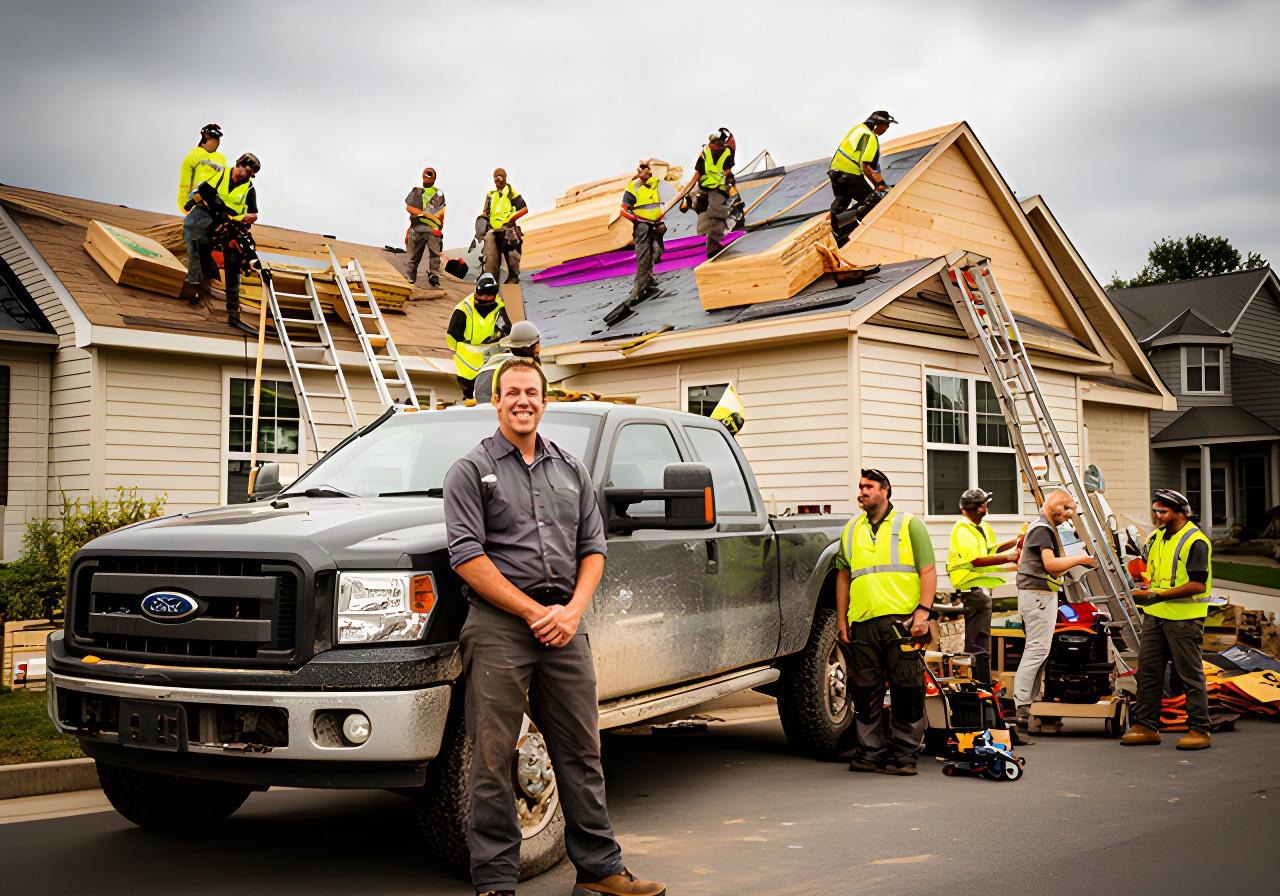 Company founder beside a work pickup truck with a modern Charleston roofing crew at a home renovation site