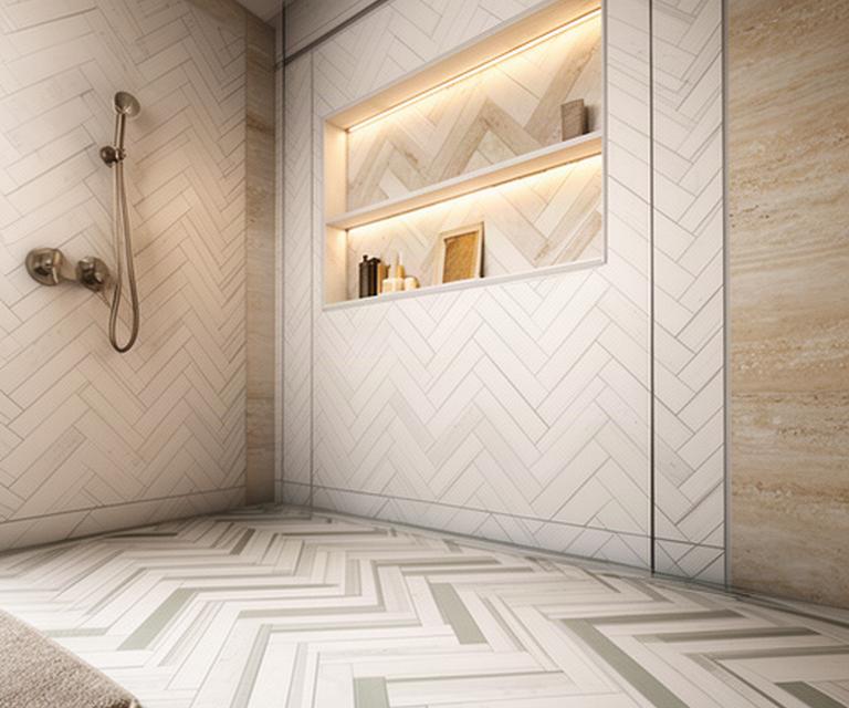 Intricate herringbone bathroom tile floor beside a tiled shower niche with coordinated natural stone accents