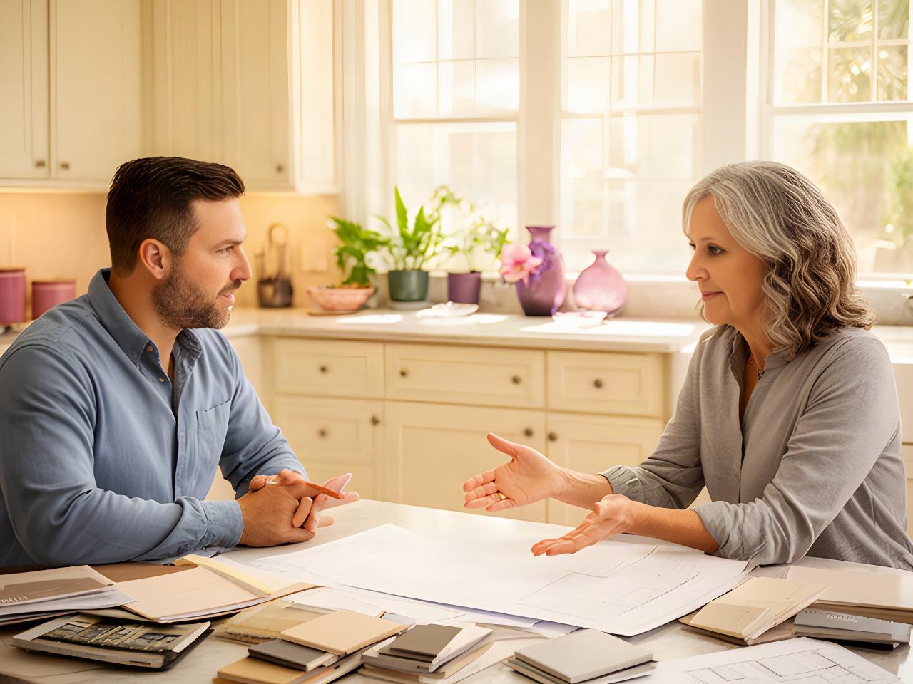Home improvement estimator discussing renovation plans with a Charleston homeowner at a bright kitchen table