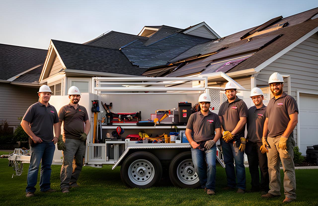 Roofing team standing beside a stocked supply trailer at a completed residential roofing project