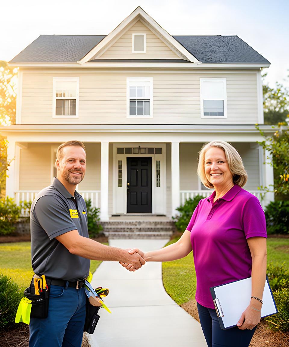 Home improvement estimator shaking hands with a homeowner beside a freshly renovated Charleston house