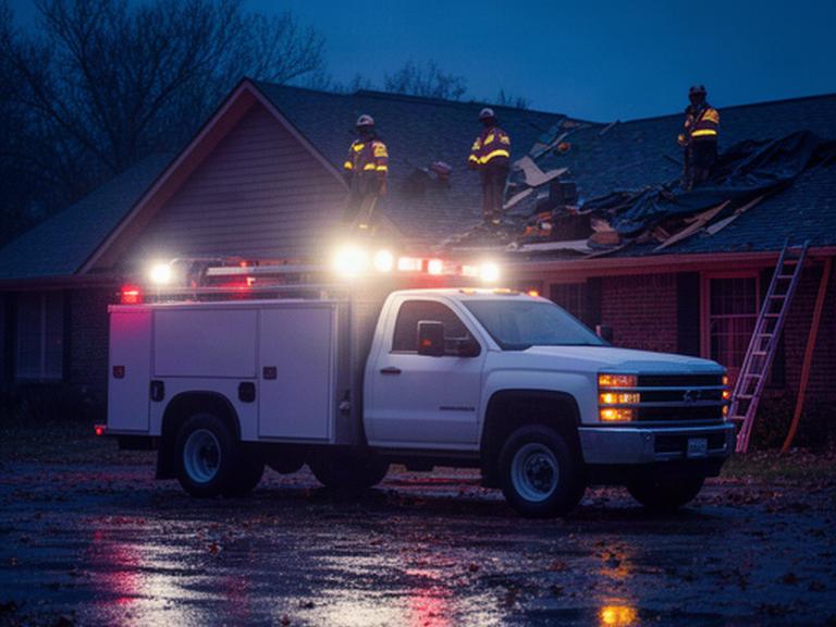 Roofing emergency crew truck with work lights responding to storm damage after dark