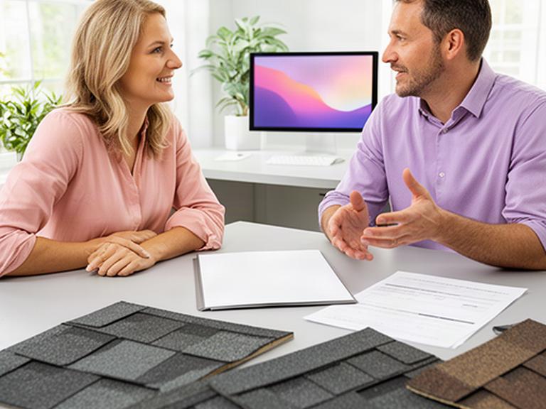Home improvement advisor speaking with a homeowner in a bright Charleston office about a roofing project