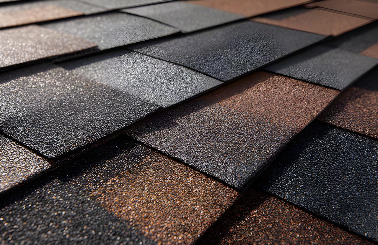 Close-up of dimensional asphalt shingles showing a charcoal and brown architectural color blend