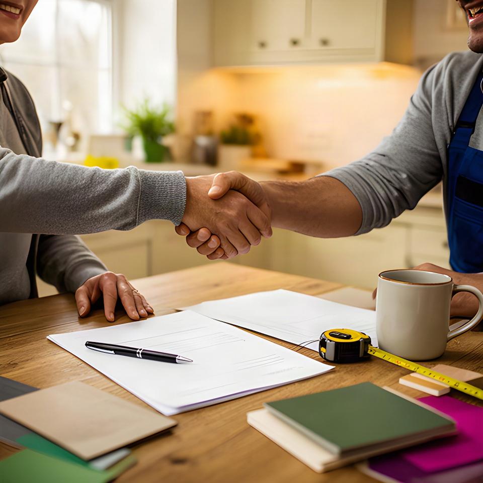 Homeowner and contractor shaking hands over a signed renovation contract at a kitchen table