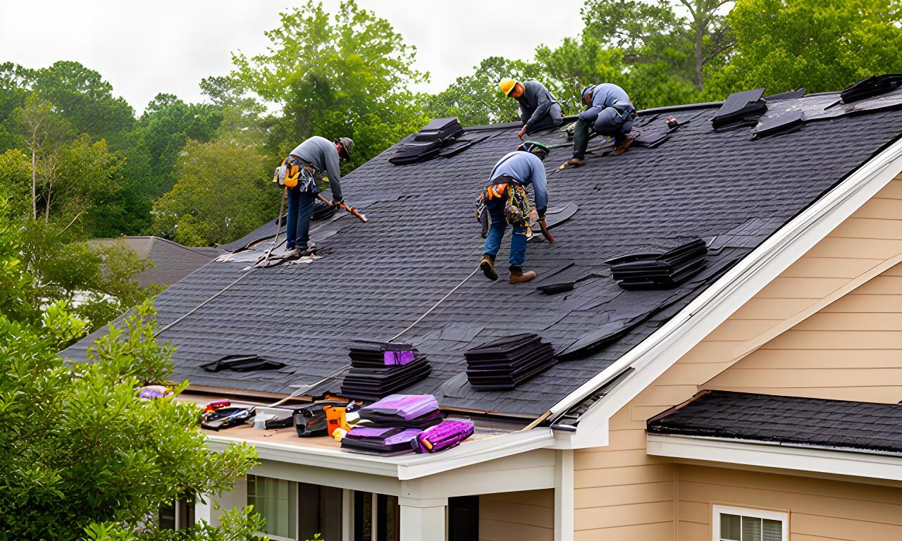 Roofing crew installing dark architectural shingles on a Charleston-area house