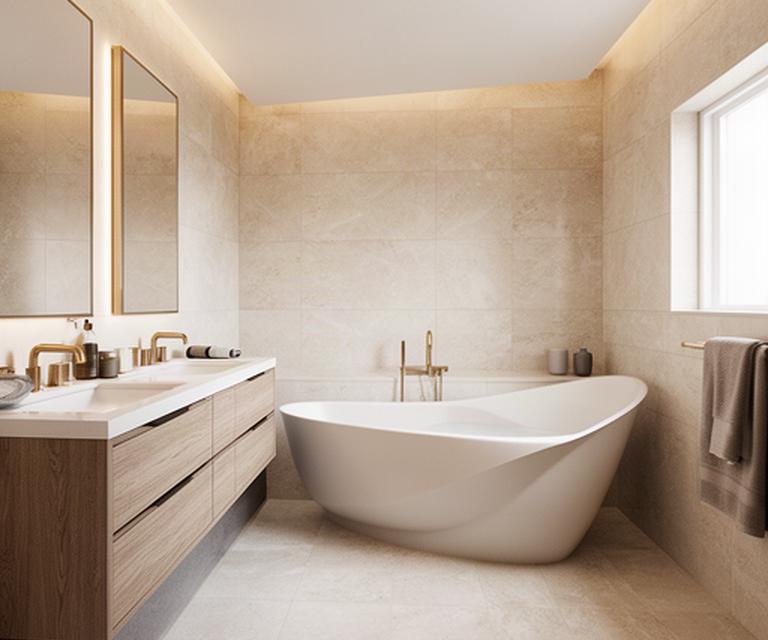 Spa-like master bathroom with a double vanity, freestanding tub, large format tile, and warm natural light
