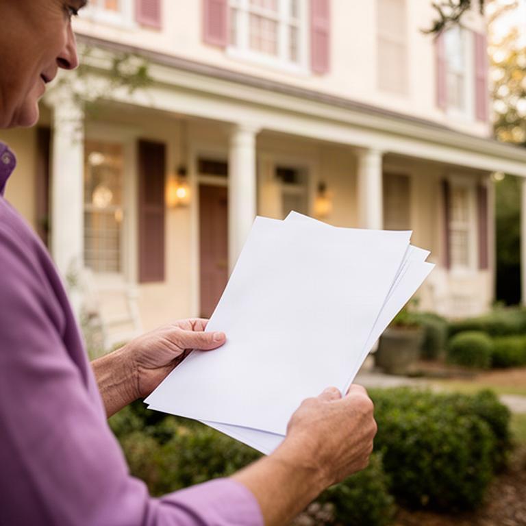 Close view of a homeowner reviewing privacy paperwork beside a Charleston home
