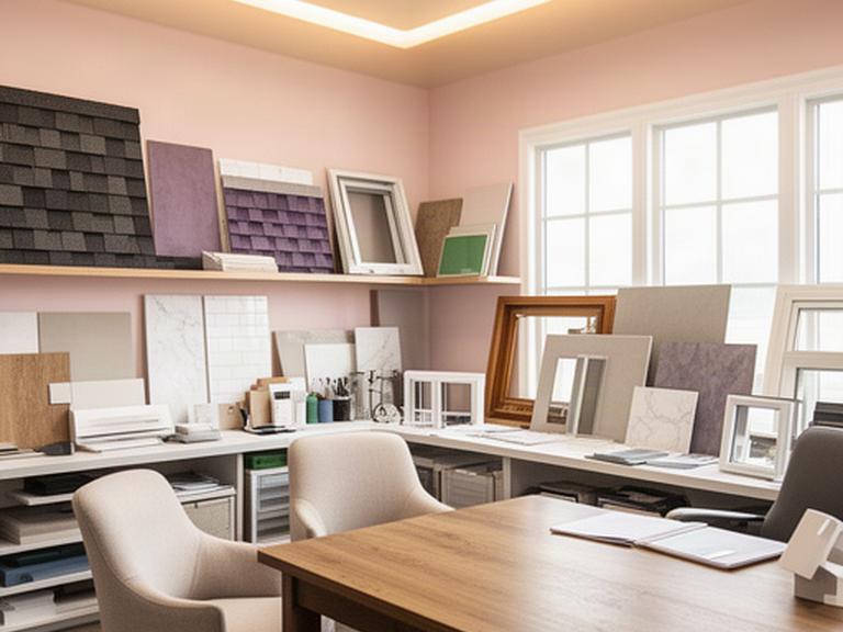 Comfortable home improvement office with roofing, bathroom, and window design samples