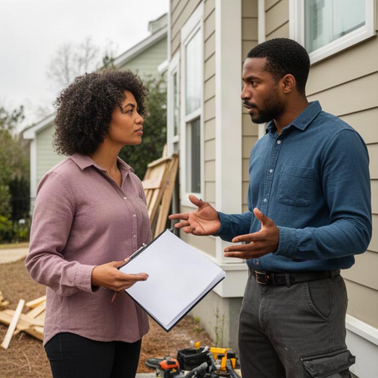 Two home improvement professionals discussing a customer file at a Charleston worksite
