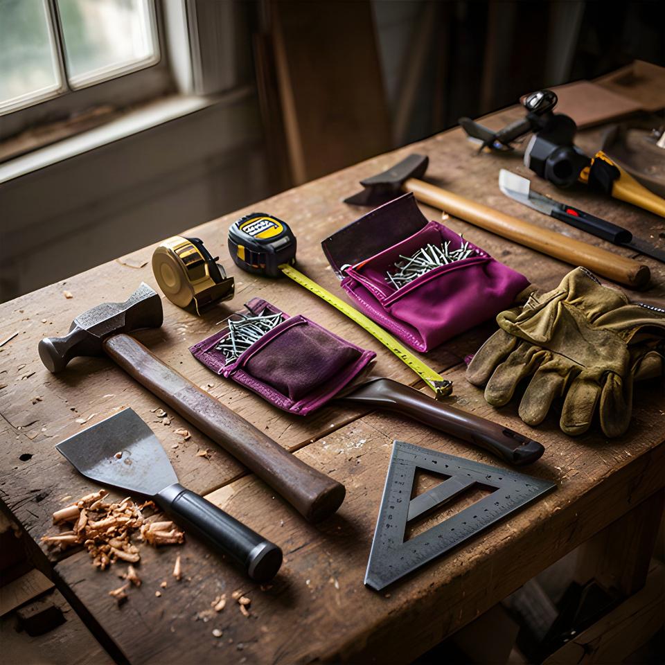 Well-used roofing tools arranged on a wooden workbench in a Charleston workshop