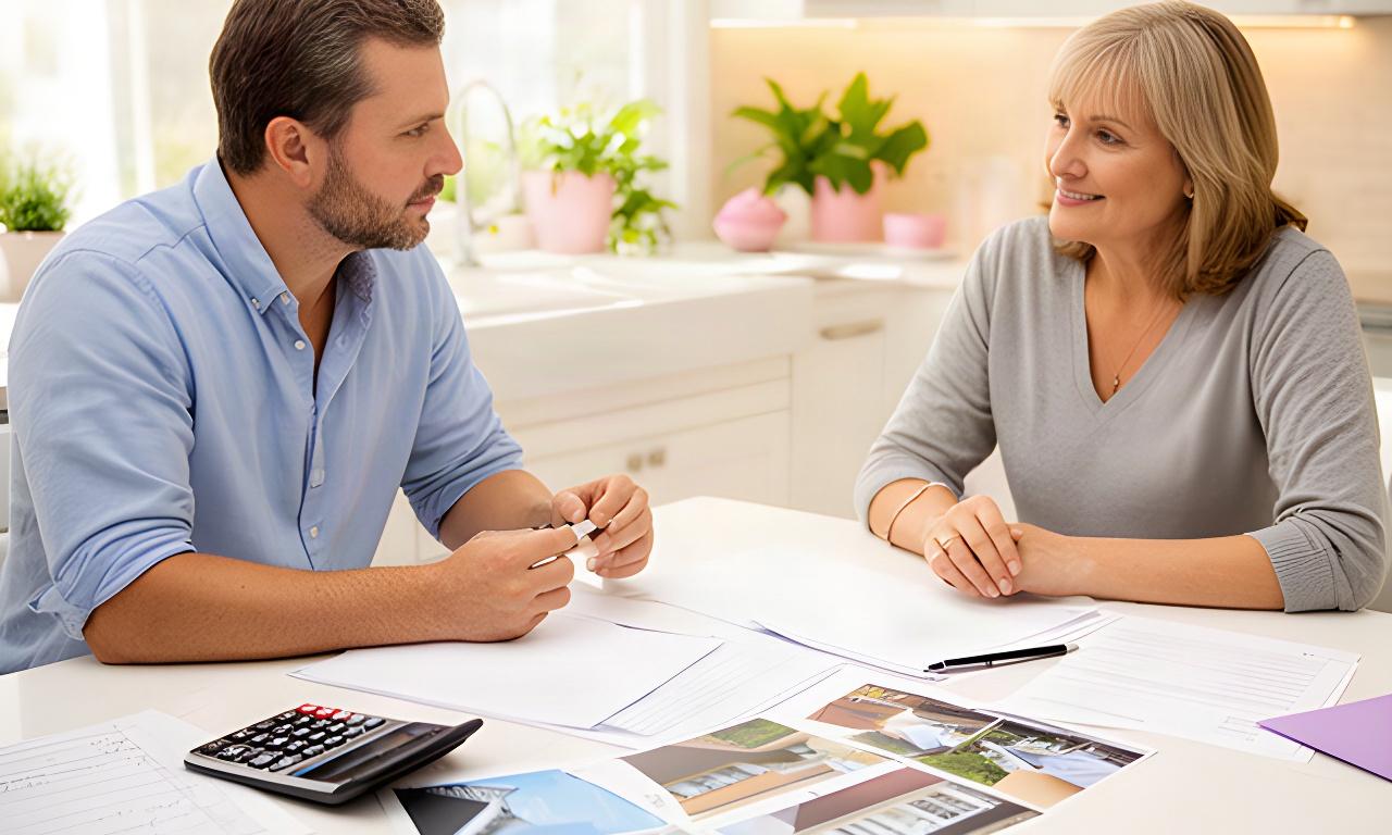 Estimator reviewing insurance papers, roof photos, and a calculator at a home consultation table